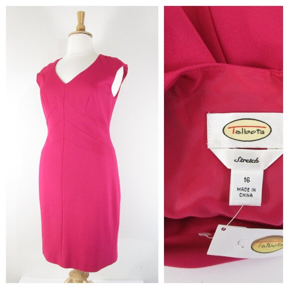Talbots Plus Size Solid Magenta Fuchsia Pink V-Neck Sheath Dress Size 16 - Picture 1 of 13
